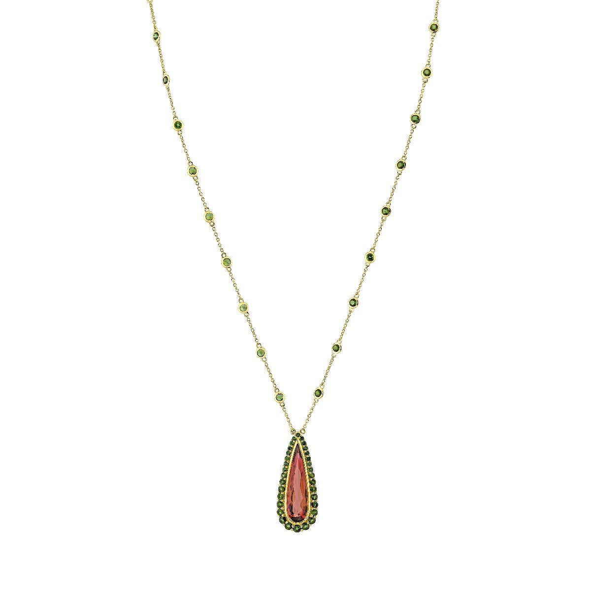 Green Tourmaline Chain With Pink Tourmaline Pendant And Green Tourmaline Halo
