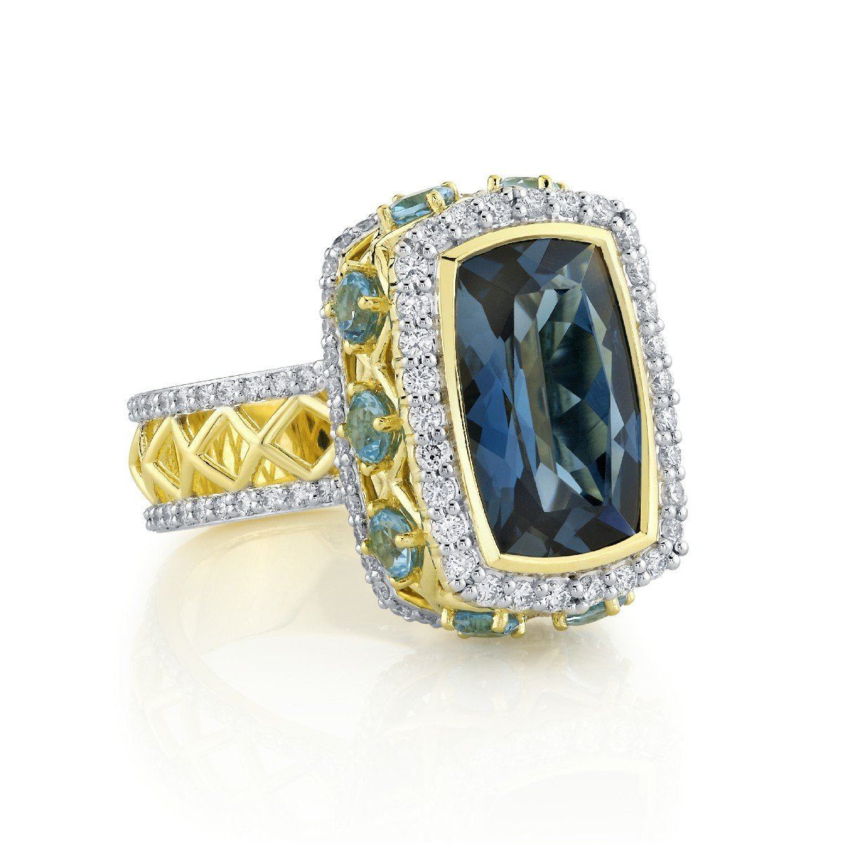 London Blue Topaz Open Lattice Ring With Diamond Halo And Swiss Blue Topaz Edges