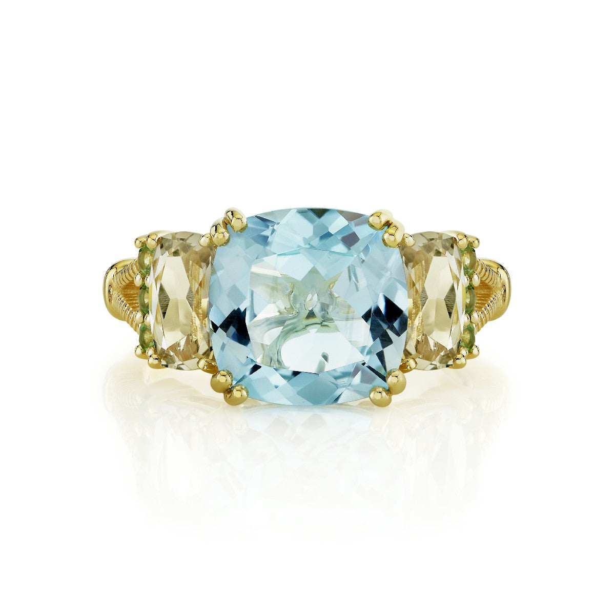 Blue Topaz And Green Amethyst Cushion Three Stone Ring