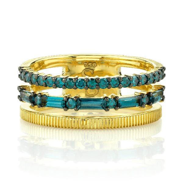 London Blue Topaz Baguette and Blue Diamond Triple Row Band