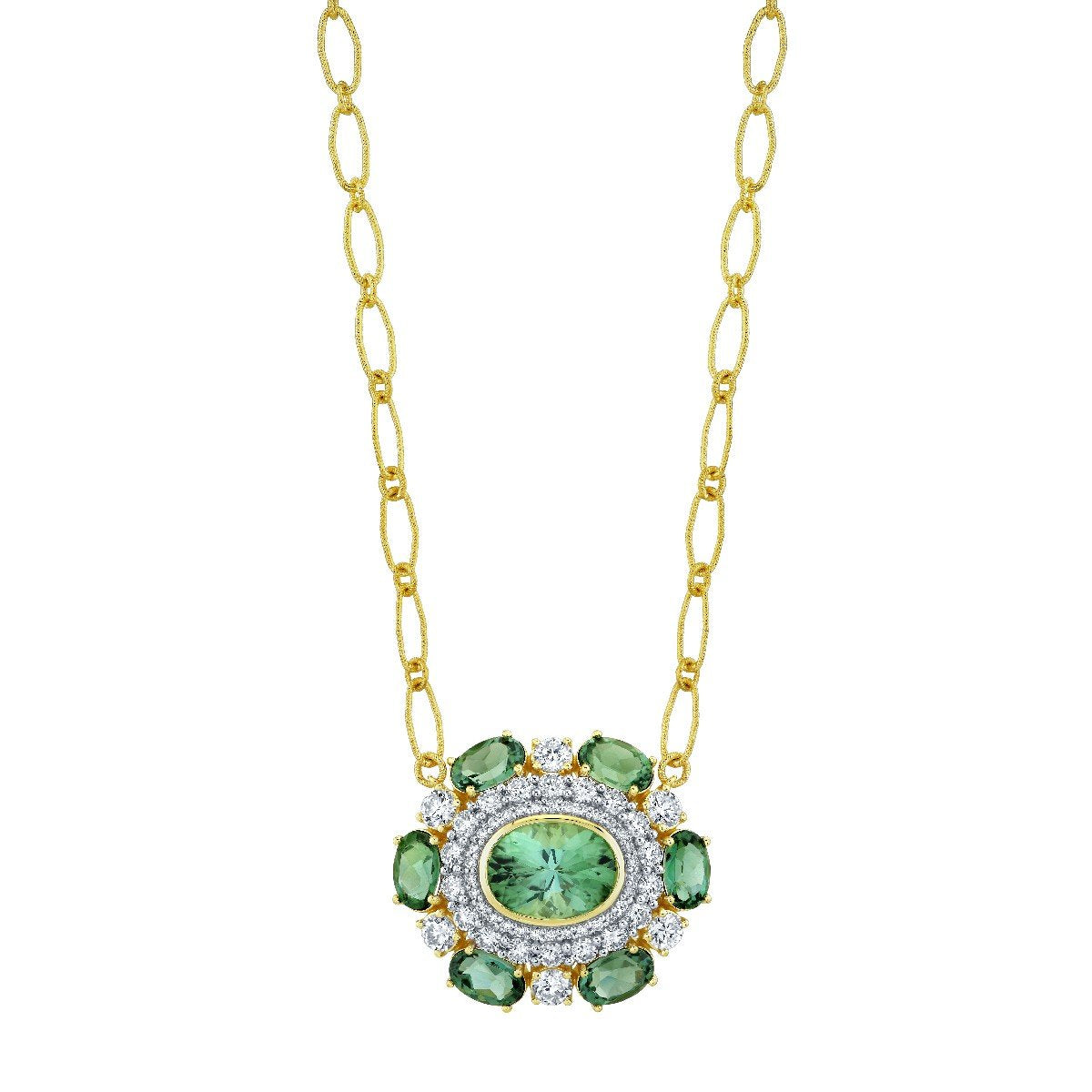Blue Green Tourmaline And Diamond Oval Pendant