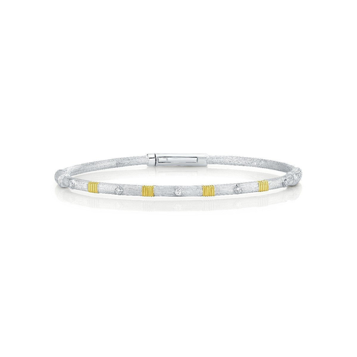 Sterling Silver Bracelet With Silk Finish & 18k Yellow Gold Strie Stations & Diamond Detail