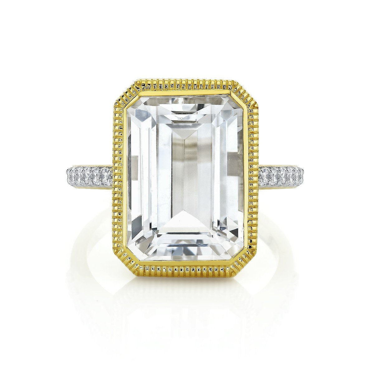 White Topaz Emerald Cut Ring With Diamonds