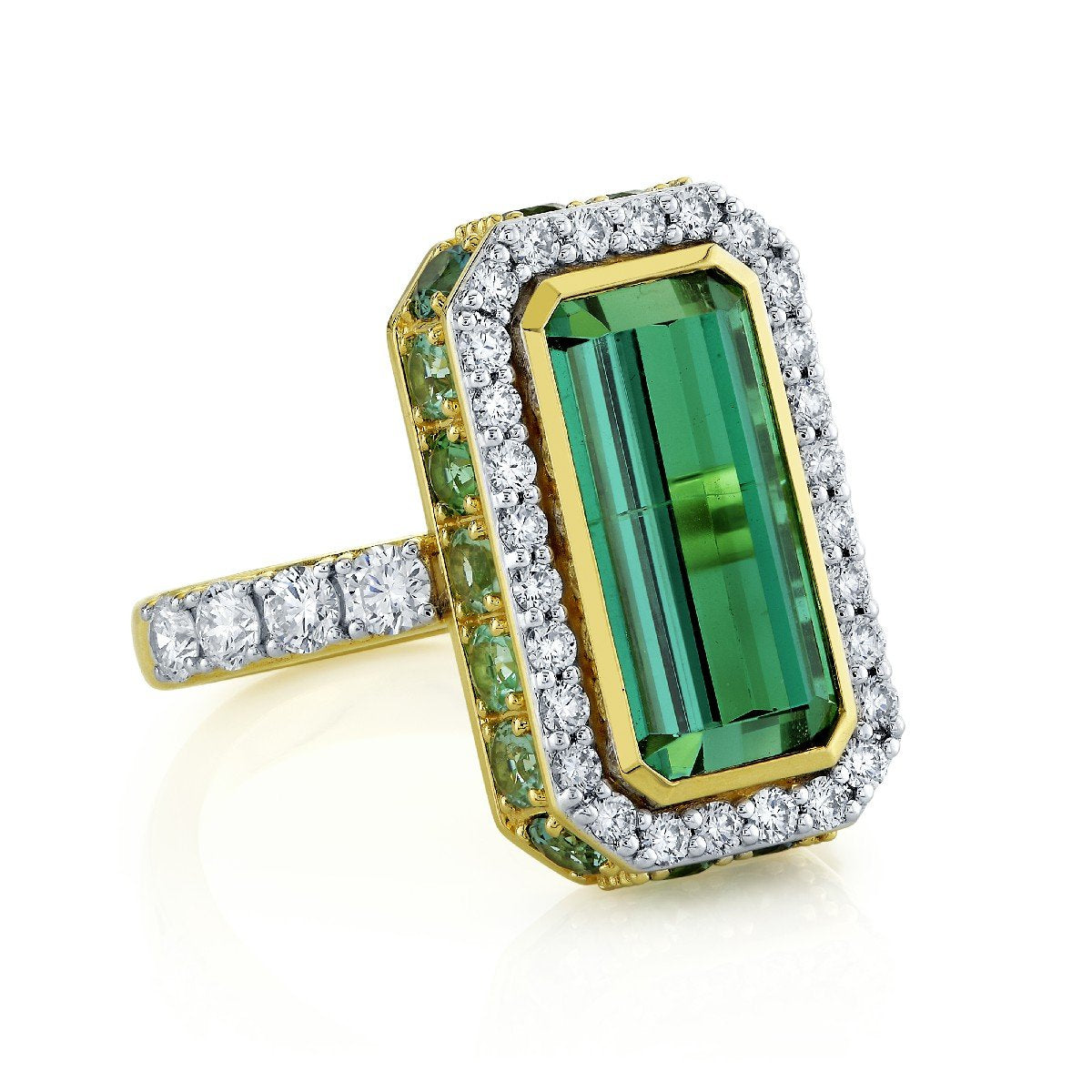 Blue Green Tourmaline Ring With Diamonds