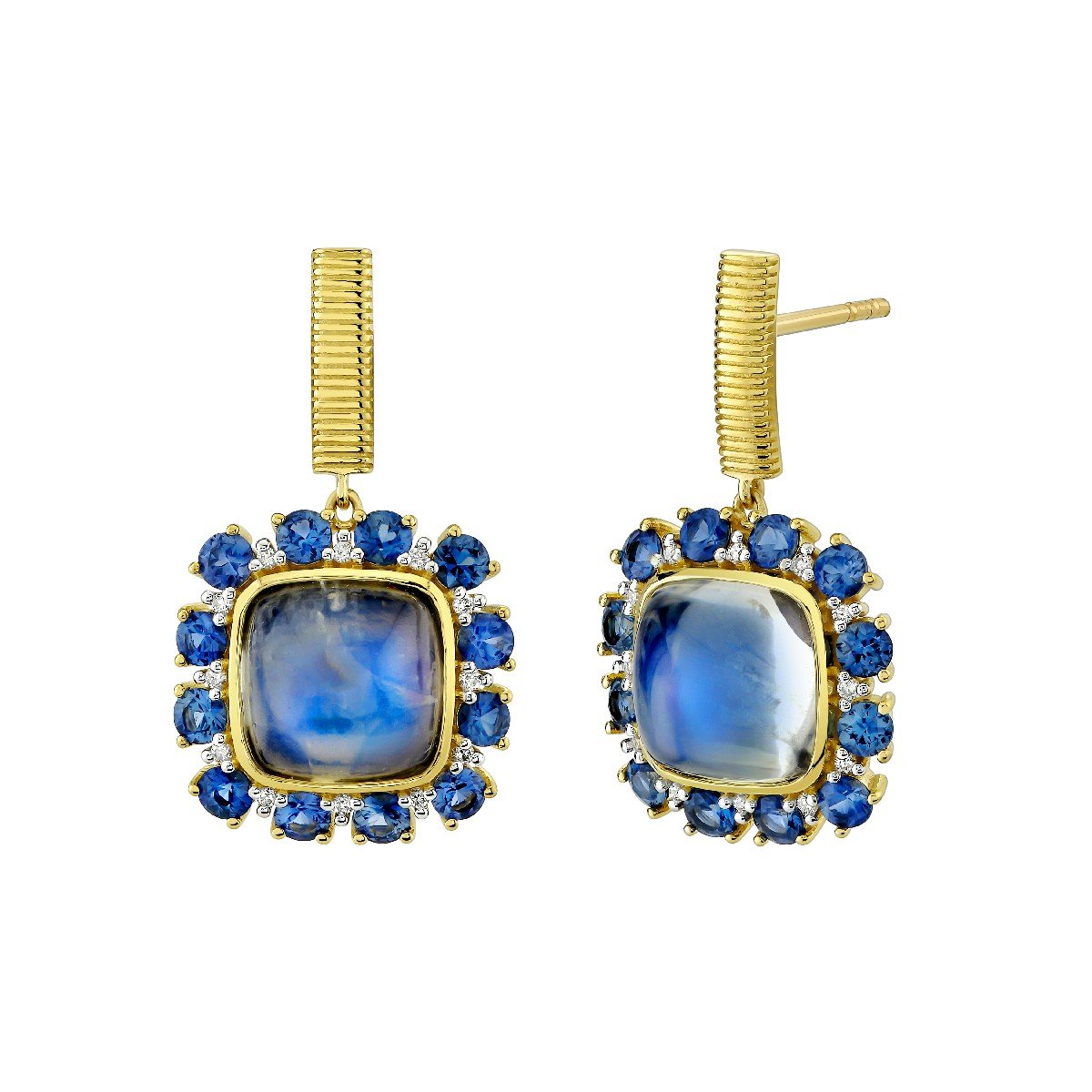 Blue Moonstone Earrings With Blue Sapphires And Diamonds