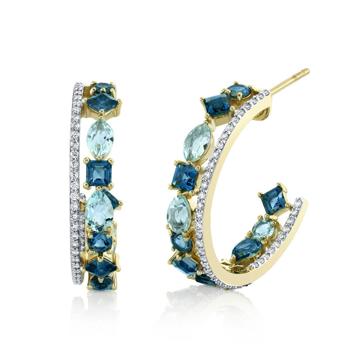 Mix Shape Blue Topaz 25mm Inside Out Hoops With Diamonds