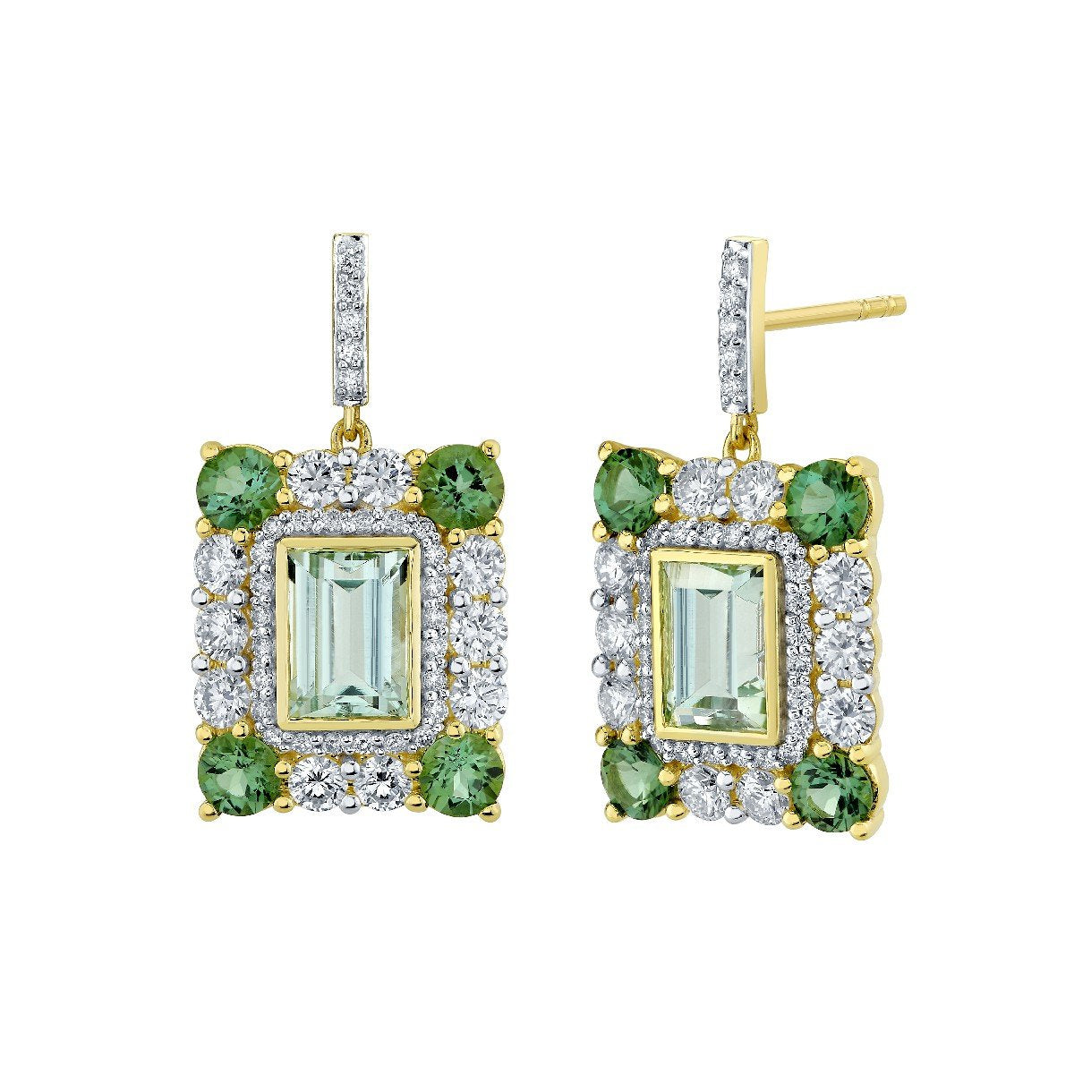 Green Beryl Drop Earrings With Seafoam Tourmalines And Diamonds