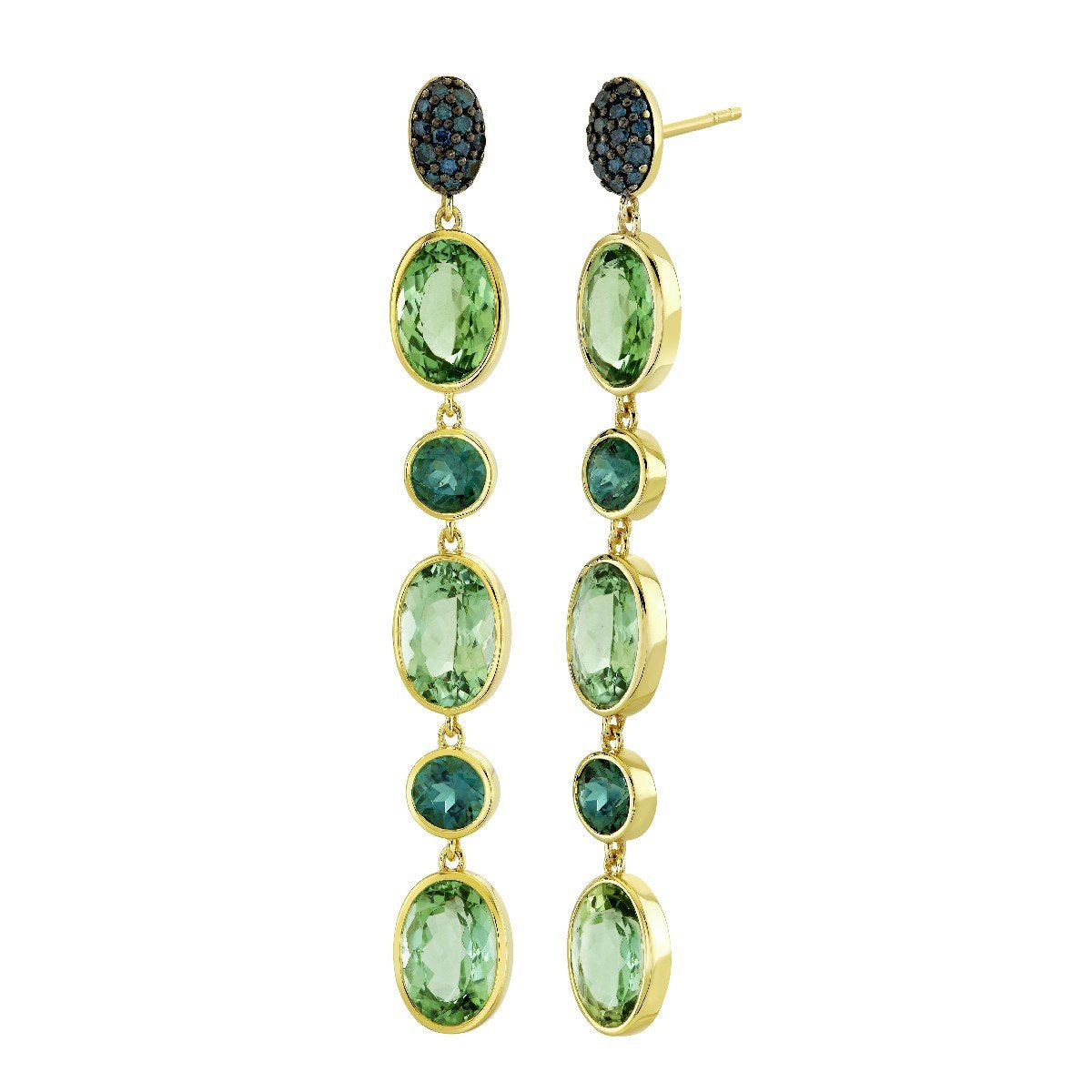 Blue Green Tourmaline Drop Earrings With Blue Diamond Post