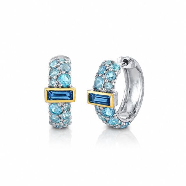 14mm Pavé Swiss Blue Topaz Mix Metal Hoops With London Blue Topaz Baguettes