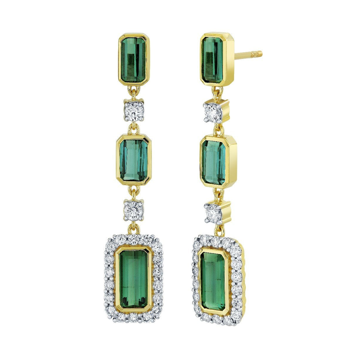 Blue Green Tourmaline Triple Drop Earrings With Diamonds