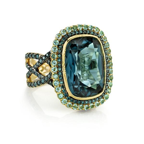 London Blue Topaz Cushion Ring With Blue Diamonds And Swiss Blue Topaz