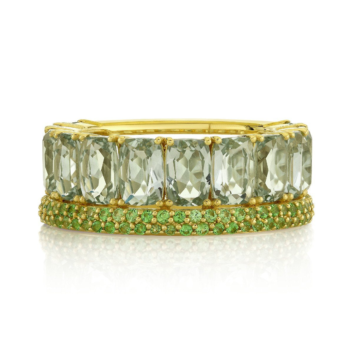 Green Amethyst Cushion And Light Tsavorite Pave Band
