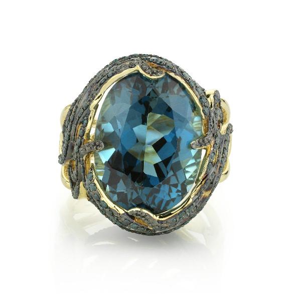 London Blue Topaz Ring With Blue Diamond Feather Wrap