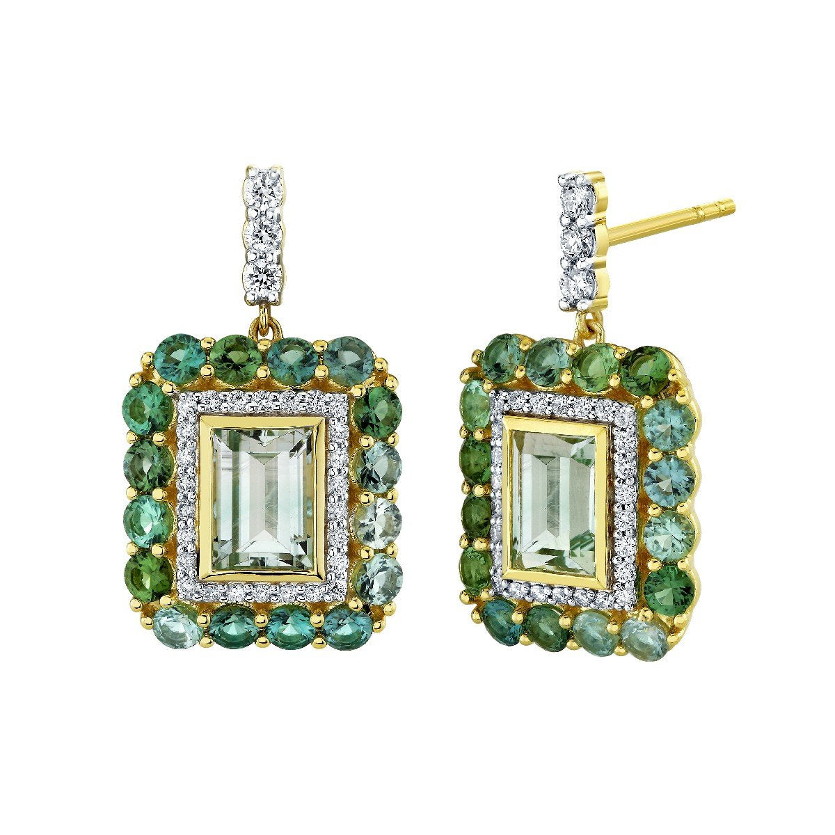 Green Beryl Drop Earrings With Seafoam Tourmaline And Diamond Halos