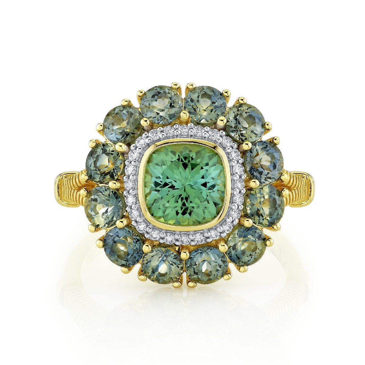 Green Tourmaline Ring With Diamond And Green Sapphire Halos