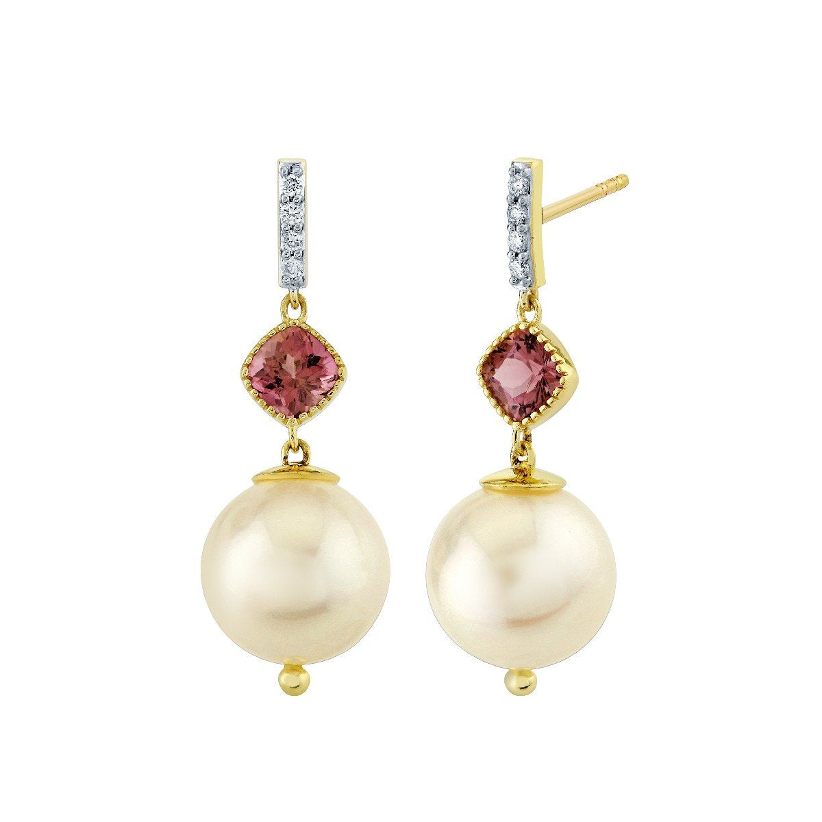 Baroque Pearl And Pink Tourmaline Drop Earrings With Diamonds