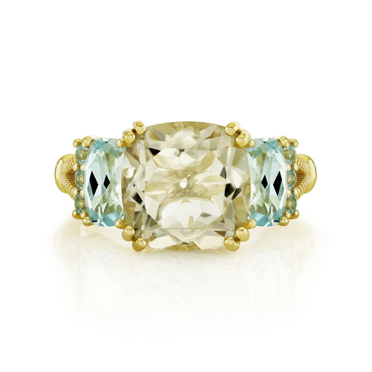 Green Amethyst And Blue Topaz Cushion Three Stone Ring