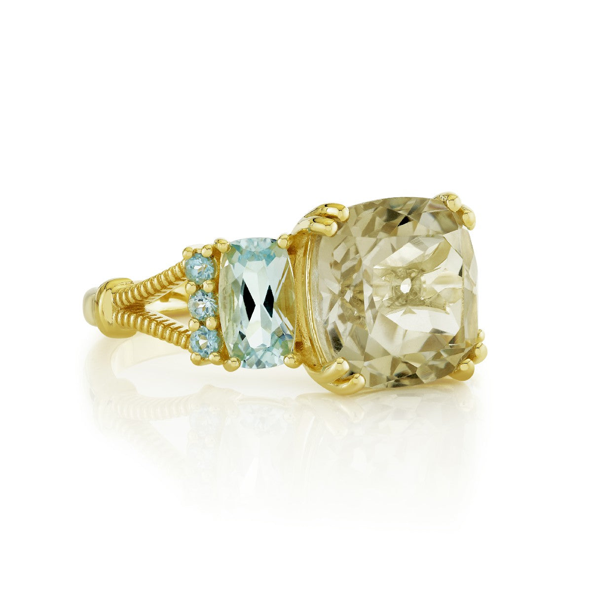 Green Amethyst And Blue Topaz Cushion Three Stone Ring