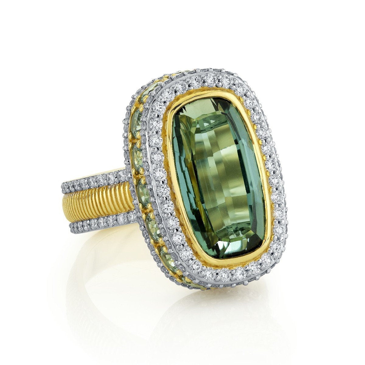 Blue Green Tourmaline Ring With Green Sapphire And Diamonds