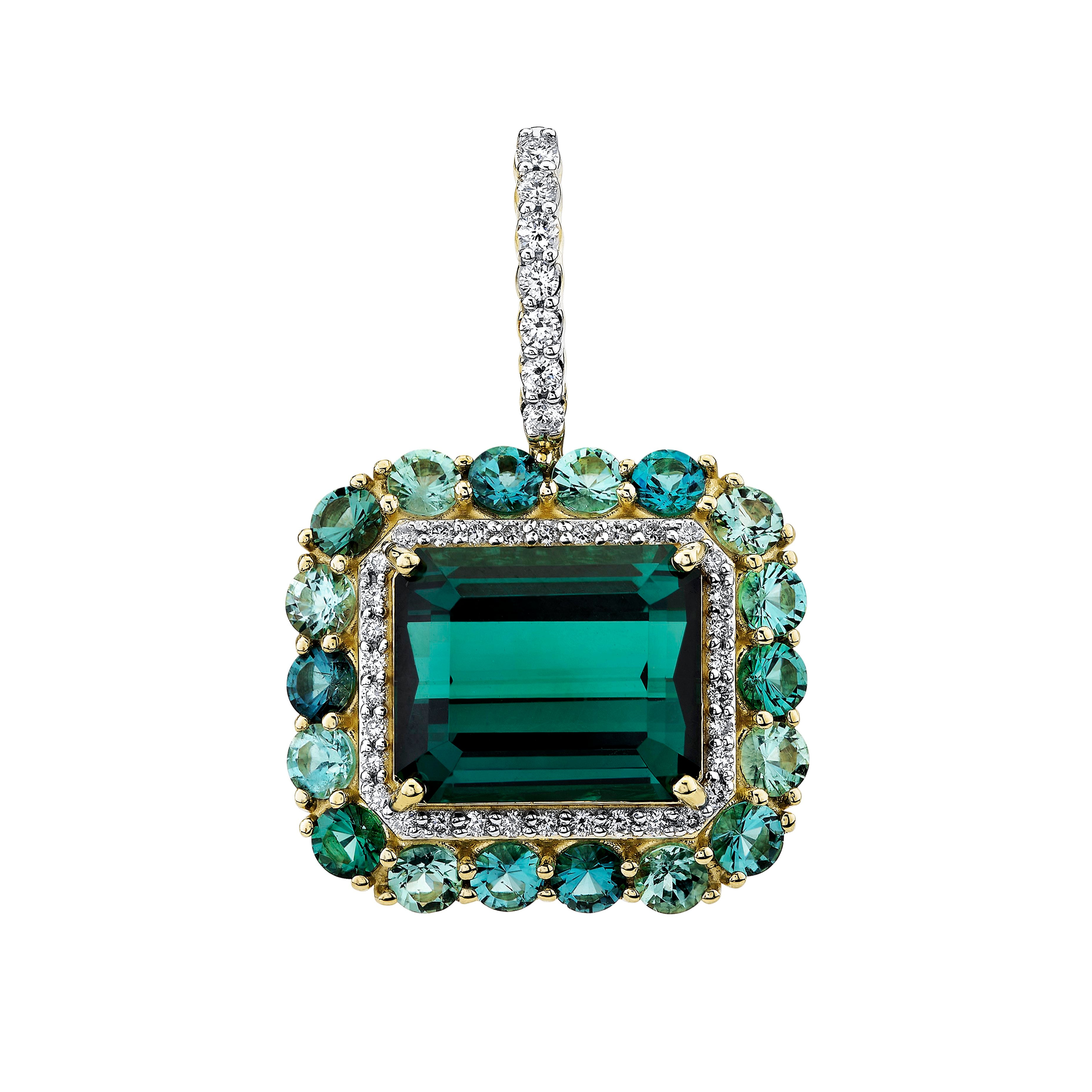 Blue Green Tourmaline Pendant With Diamonds And Mix Green Tourmaline Halo