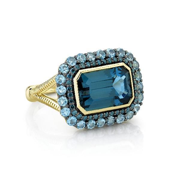 London Blue Topaz Ring With Swiss Blue Topaz & Blue Diamond Hao & Strie Detail