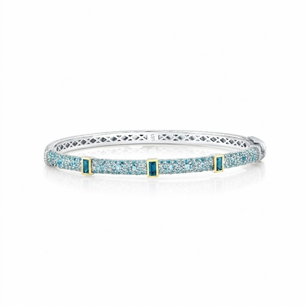 Mixed Metal Pave Swiss Blue Topaz Bangle With London Blue Topaz Baguettes