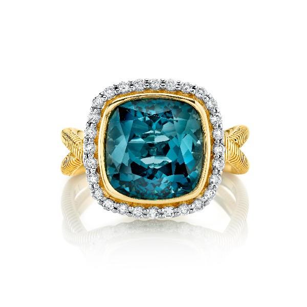 London Blue Topaz Cushion Ring With Diamond Halo