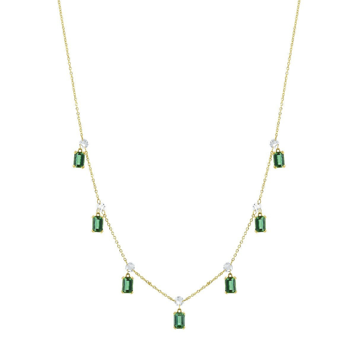 Rose Cut Diamond Chain With Hanging Emerald Cut Blue Green Tourmalines