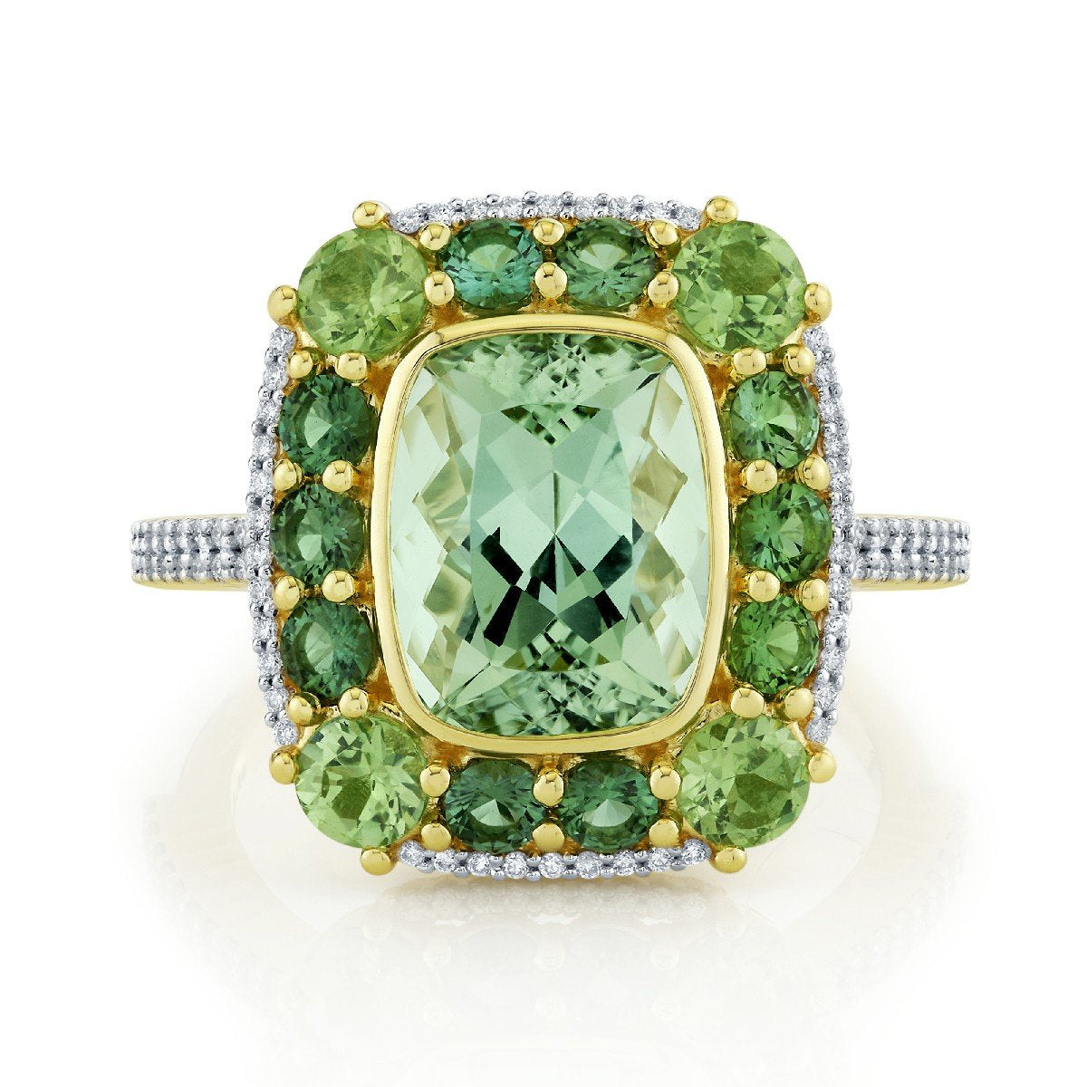 Seafoam Tourmaline Ring With Merelani Mint Garnets, Blue Green Tourmalines & Diamonds