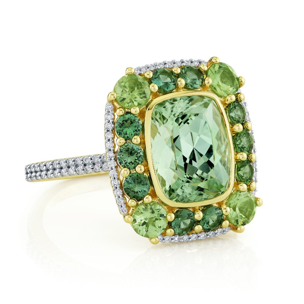 Seafoam Tourmaline Ring With Merelani Mint Garnets, Blue Green Tourmalines & Diamonds