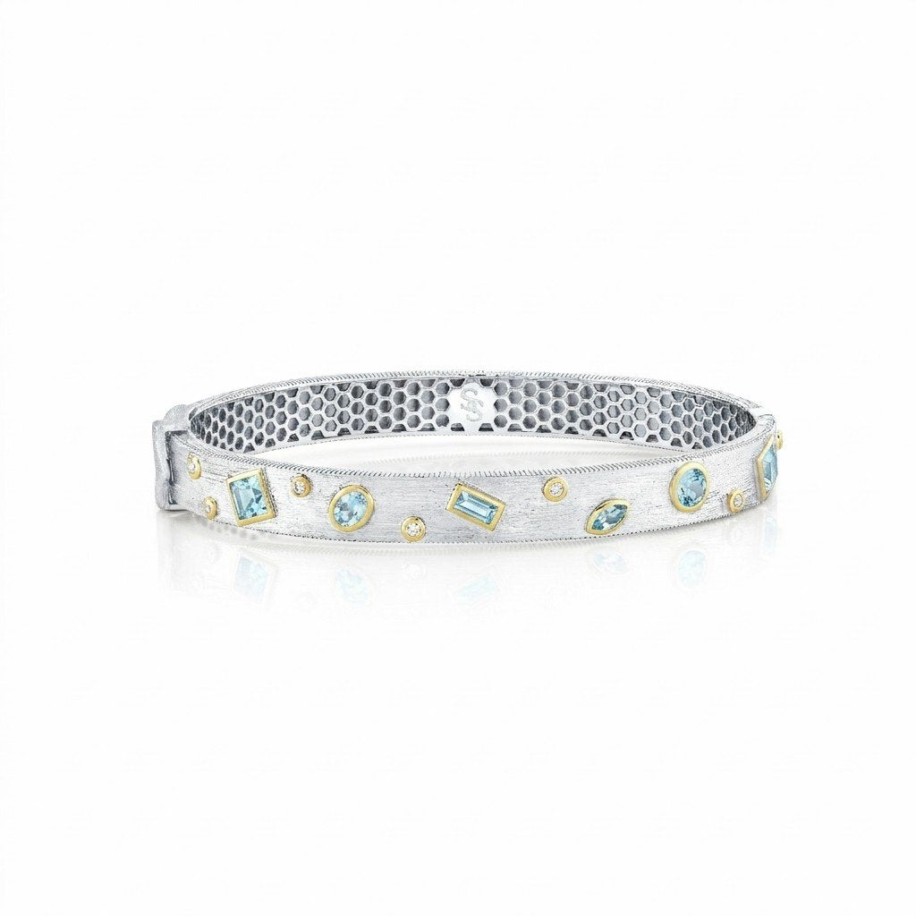 Mix Shape Sky Blue Topaz & Diamond Sterling Silver Bracelet