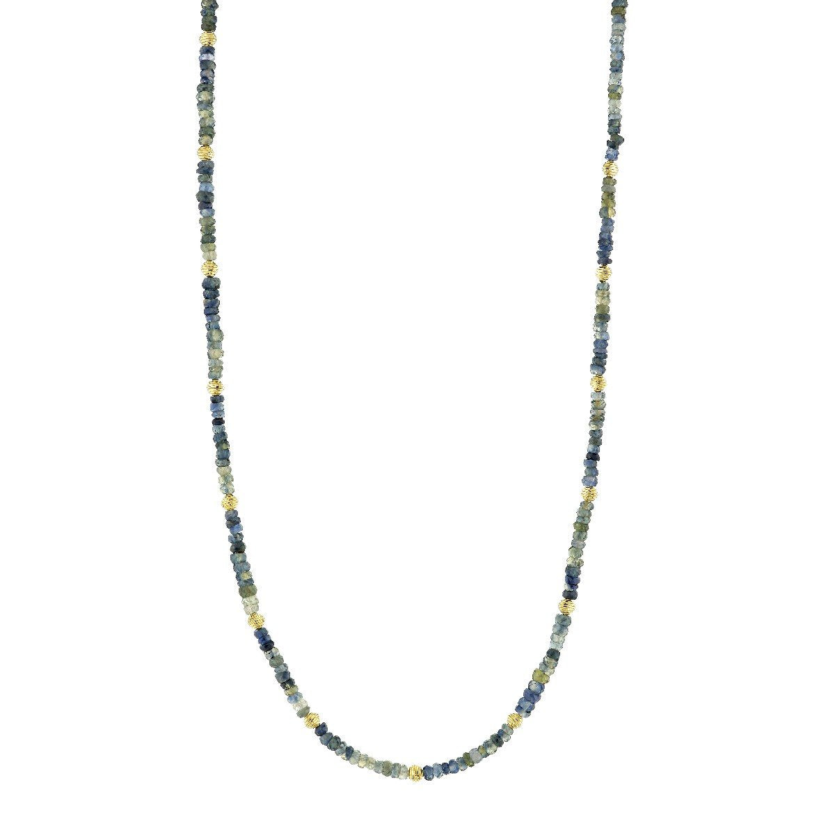 Blue Green Sapphire Bead Necklace With Gold Strie Stations