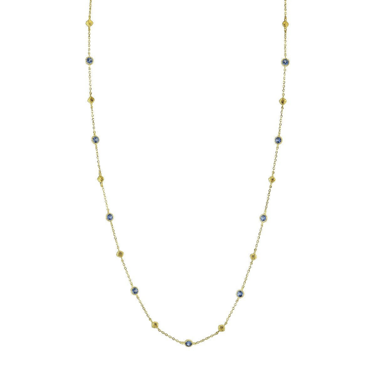 Bezel Set Blue Sapphire Chain With Gold Strie Cushions
