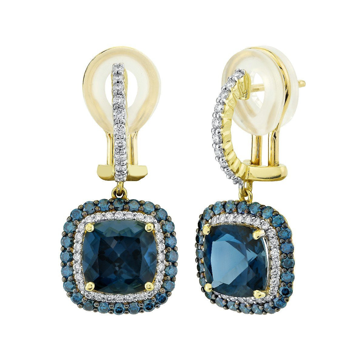 Blue Topaz Drop Earrings With Diamond And Blue Diamond Halos