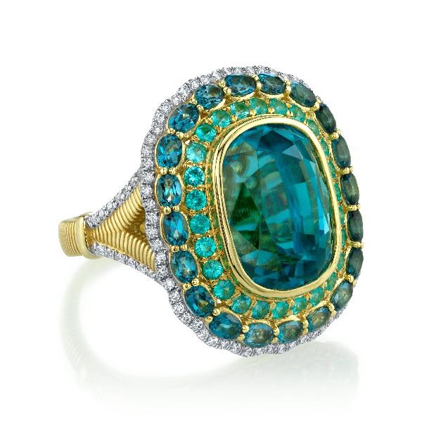 Blue Zircon Ring With Paraiba And London Blue Topaz Halos