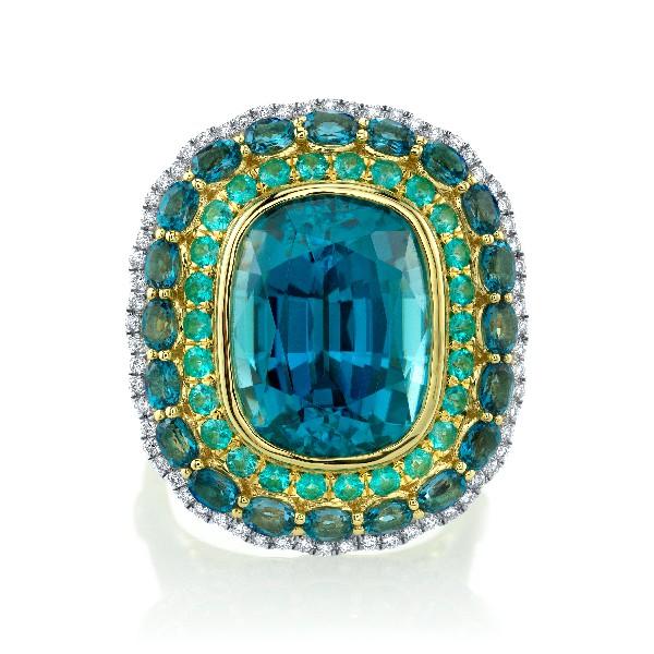 Blue Zircon Ring With Paraiba And London Blue Topaz Halos