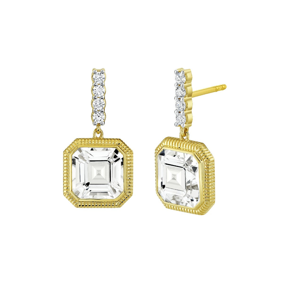 Strie Bezel Set White Topaz Drop Earrings