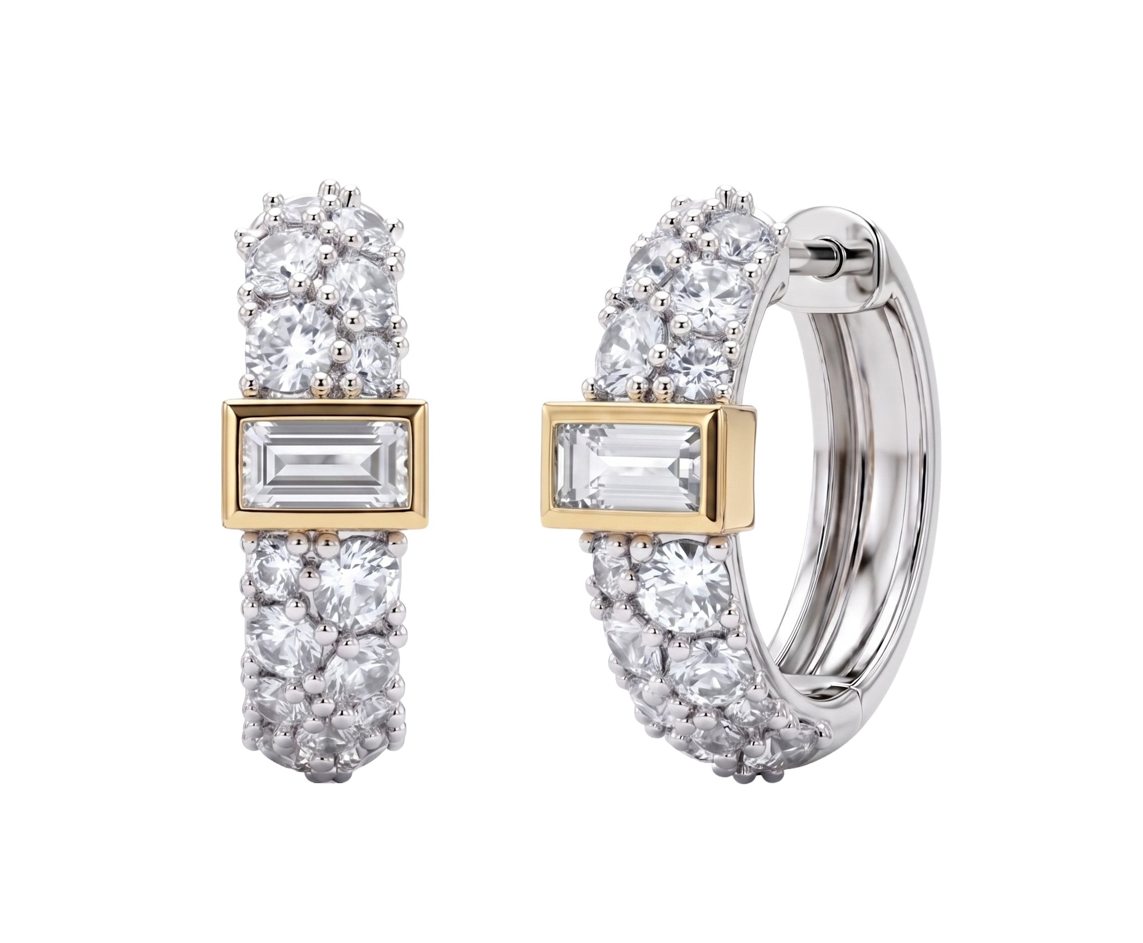 14mm Pavé White Topaz Mixed Metal Hoops With White Topaz Baguettes