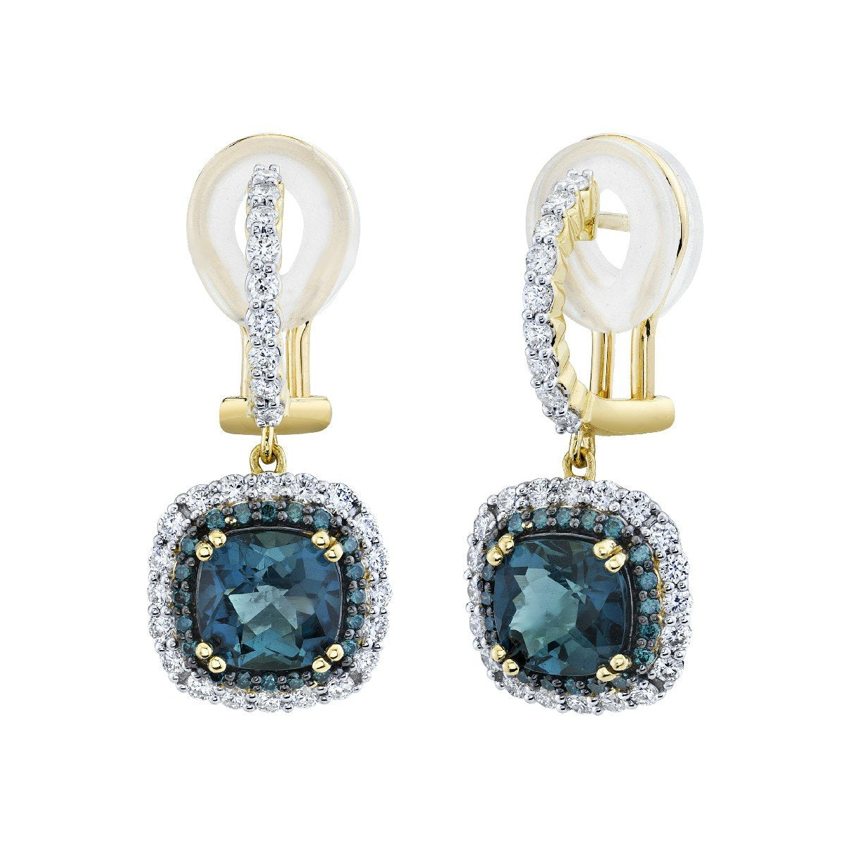 Blue Green Tourmaline Earrings With Blue Diamond Inner Halo And Diamond Outter Halo