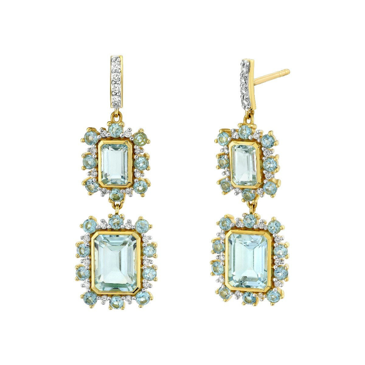 Emerald Cut Blue Topaz Double Drop Earrings With Swiss Blue Topaz And Diamonds