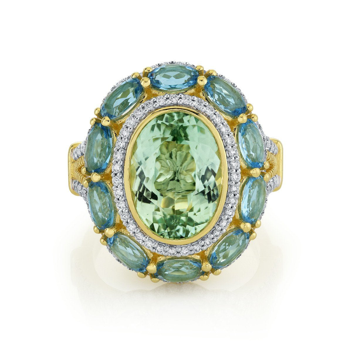 Green Tourmaline Ring With Diamond And Swiss Blue Topaz Halo's