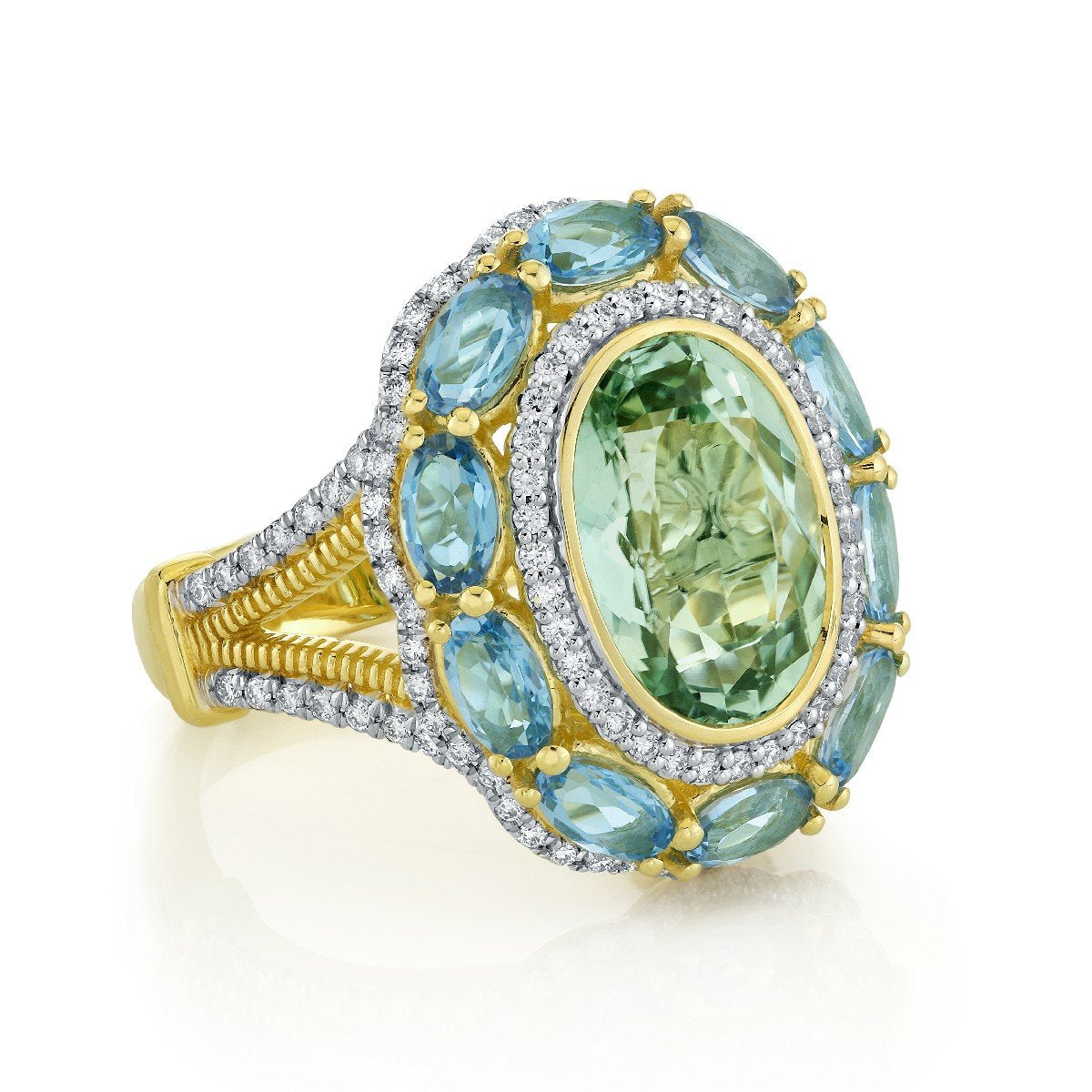 Green Tourmaline Ring With Diamond And Swiss Blue Topaz Halo's