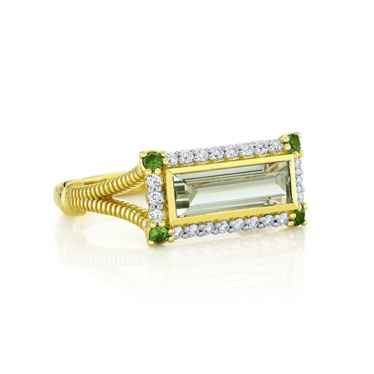 Green Amethyst Ring With Diamond And Light Tsavorite Halo