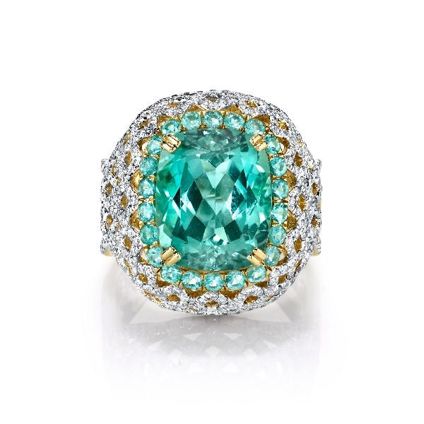 Blue Green Tourmaline Ring With Paraiba Halo And Diamond Lattice