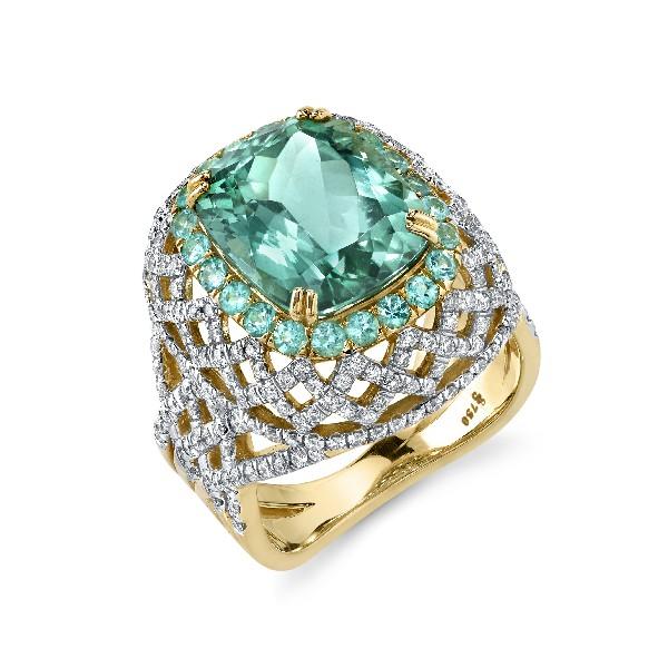 Blue Green Tourmaline Ring With Paraiba Halo And Diamond Lattice