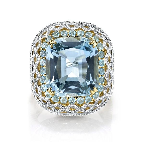 Aqua Ring With Paraiba Halo And Diamond Lattice