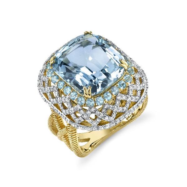 Aqua Ring With Paraiba Halo And Diamond Lattice