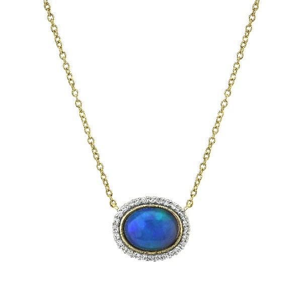 Bezel Set Ethiopian Opal Pendant With Diamond Halo