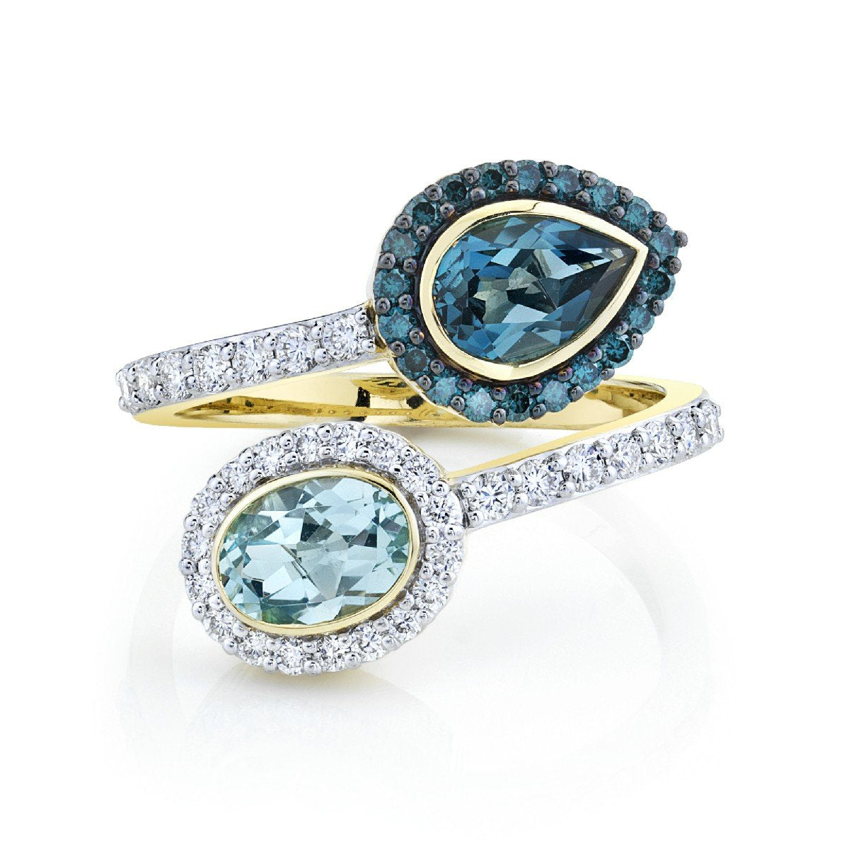 Blue Topaz ByPass Ring With Blue Diamonds And White Diamonds