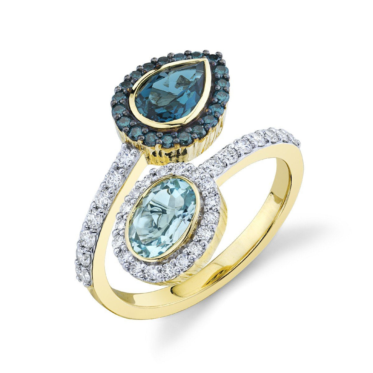 Blue Topaz ByPass Ring With Blue Diamonds And White Diamonds